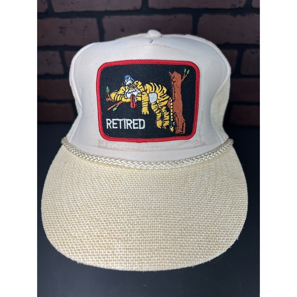 Vintage 80's 90's Straw Retired Patch Tiger Snap Back Truckers Cap Used